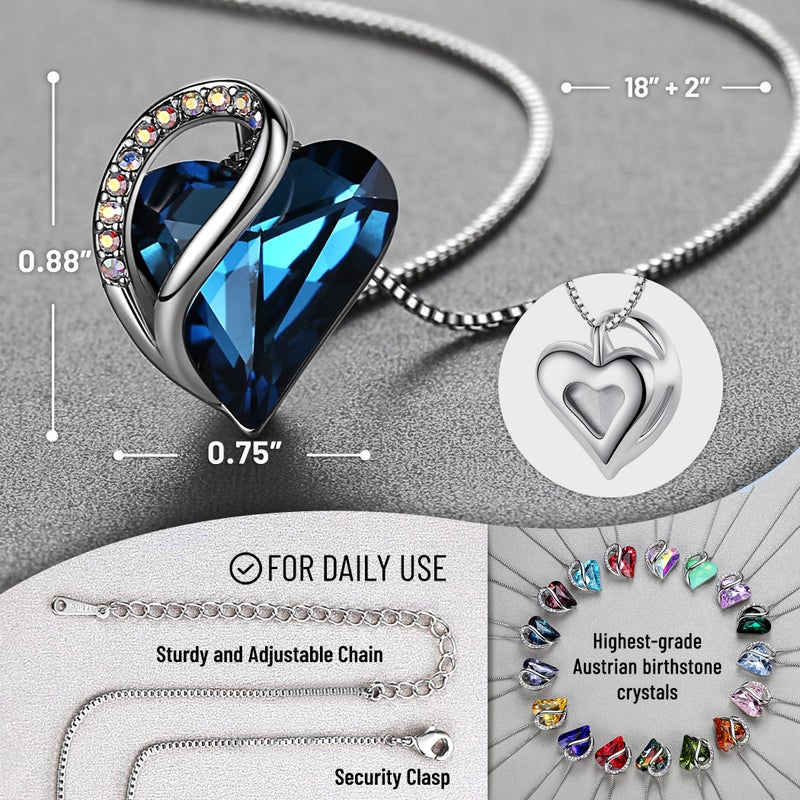 Leafael Valentine's Day Gift Necklaces for Women, Infinity Love Birthstone Heart Pendant, Bermuda Sapphire Blue Crystal for September, Birthday Jewelry for Mom and Wife, Silver Plated, 18" + 2" Chain - Image 3